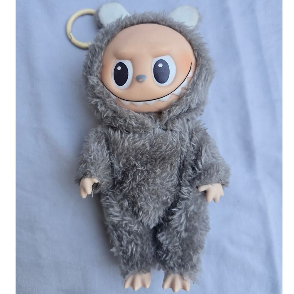 Pop Mart Labubu The Monsters Exciting Macaron Sesame Bean Gray Plush Keychain V1